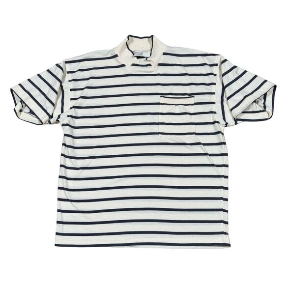 Vintage Nike Gray Tag Striped Collared T-Shirt w Pocket Sz L in Cream, Navy - Picture 1 of 8